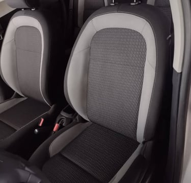 Higienização interna de veículo em Campinas — bancos dianteiros limpos, tecido sem manchas.