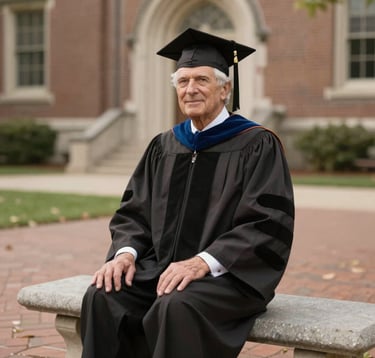 A classic senior portrait of a graduate in refined attire, sitting on a stone bench in a historic North American / US campus setting. Soft natural light creates a warm atmosphere. Palette of taupe and dark brown.