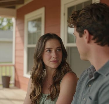A close-up, candid photograph of an authentic couple sharing a quiet, sun-drenched moment on a wooden porch of a North American / US home. The composition is intimate and cinematic, featuring warm terracotta accents in the background. The lighting is soft and natural, highlighting genuine emotion and connection.
