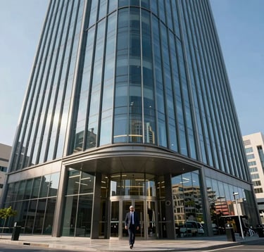 Photography of a sleek, glass-fronted commercial office building in Downtown Dubai. The structure reflects the clear blue sky and features modern architectural lines. A professional Middle Eastern / Gulf entrepreneur is walking towards the entrance.