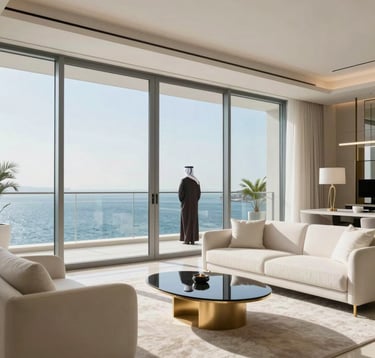 Luxury interior photography of a modern penthouse in Dubai Marina. The room features high ceilings, floor-to-ceiling windows showing the blue water below, and soft off-white minimalist furniture with metallic gold accents. A professional in a modern Middle Eastern / Gulf attire is seen standing on the balcony.
