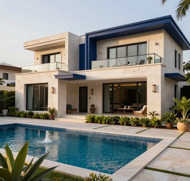 A high-end photography shot of a luxury villa exterior at Emirates Hills. The architecture is ultra-modern with soft off-white stone and deep navy blue detailing. Lush green landscaping and a private swimming pool are in the foreground under the golden sun.