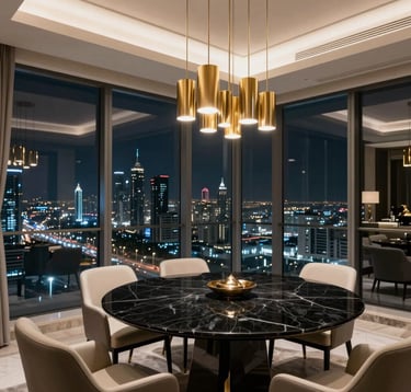 A professional interior photograph of a luxury penthouse dining area. Gold-accented lighting hangs over a black marble table. Through the floor-to-ceiling windows, the city lights of Dubai shimmer at night. A sophisticated Middle Eastern / Gulf residential space.