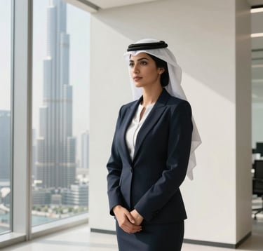 A professional woman in a modern Middle Eastern / Gulf corporate setting, wearing business attire, standing against a backdrop of a clean, minimalist soft off-white office with a view of the Burj Khalifa through a large window.