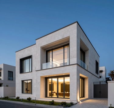 A high-end modern villa exterior in a Middle Eastern / Gulf residential district. The architecture features clean lines, white stone walls, and expansive floor-to-ceiling glass windows, illuminated by soft evening lighting against a deep blue sky.