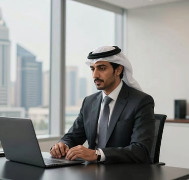 A professional man in a sharp suit in a modern Middle Eastern / Gulf executive office, sitting at a midnight black desk with soft off-white lighting and a view of the Dubai financial district.
