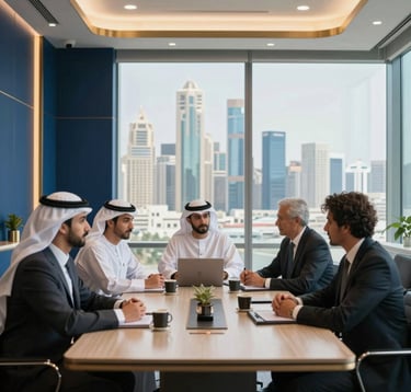 A professional business meeting taking place in a sleek, modern office in a Middle Eastern / Gulf financial district. The room is decorated with deep blue and gold accents, with a panoramic view of the city visible through large windows.