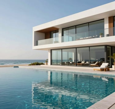 A luxury beachfront villa in Dubai with contemporary white walls and floor-to-ceiling glass. In the foreground, a calm infinity pool overlooks the Arabian Gulf. The lighting is bright and clear, capturing a prestigious Middle Eastern / Gulf lifestyle.