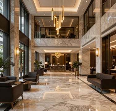 A photography shot of an elegant residential lobby in a premium Mumbai skyscraper. Marble floors reflecting gold light fixtures, minimalist dark furniture, and a sophisticated, quiet atmosphere. Understated South Asian / Indian luxury.