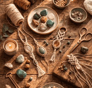 hilos de macrame, piedras naturales y joyeria de macrame sobre mesa de madera