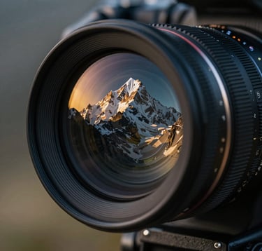 A close-up artistic photograph of a high-end cinema camera lens reflecting the Peruvian Andean peaks. The lighting is dramatic and moody, with gold and muted blue highlights, emphasizing a professional and artistic film production environment.