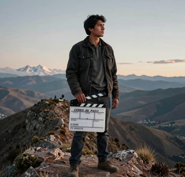 A professional portrait of a young South American / Peruvian filmmaker standing on a high-altitude ridge in Cerro de Pasco. They are holding a clapperboard, looking toward the horizon. The lighting is soft and artistic, with a sophisticated, cinematic feel.
