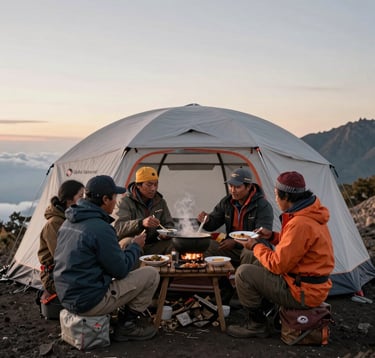 A heartwarming and premium photograph of professional Sasak guides and Global Adventure Travelers sharing a freshly cooked hot meal outside a high-quality dome tent on the Rinjani crater rim. The soft evening light paints the sky in pale warm gray and off-white. Professional safety gear and cozy warm mountain hospitality are evident.