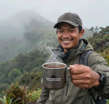A close-up photograph of a professional local Indonesian guide smiling warmly while serving steaming hot local Lombok coffee in metal camping mugs during a foggy morning on a Mount Rinjani ridge, soft forest green tones, Global Adventure Travelers / Indonesian Eco-Tourism.