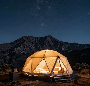 A high-end mountain glamping setup on the Rinjani crater rim under a clear starry night sky, luxury dome tent glowing with warm amber light inside, dark volcanic peaks in the background, professional outdoor setup, Global Adventure Travelers / Indonesian Eco-Tourism.
