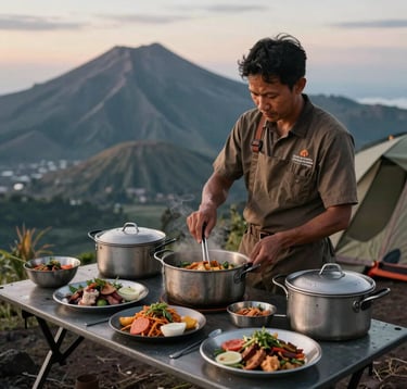 A professional, beautiful outdoor photograph of a camp team member preparing fresh, gourmet local and international dishes in premium steel cookware on a camping table at Mount Rinjani's rim. Soft evening lighting with deep volcanic valley depths softly blurred in the background, Indonesian Eco-Tourism.