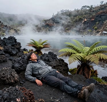 A premium landscape photograph of weary trekkers relaxing beside the natural geothermal hot springs of Aik Kalak near Segara Anak lake, surrounded by dark volcanic rocks and lush green ferns, misty and therapeutic atmosphere, Global Adventure Travelers / Indonesian Eco-Tourism.