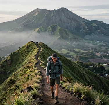A crisp outdoor lifestyle photograph of a Global Adventure Traveler trekking along a scenic ridgeline on Mount Rinjani. Muted leaf green slopes descend into the valley. Soft, misty lighting wraps around the volcano, highlighting the rugged terrain. Professional, premium travel photography style.