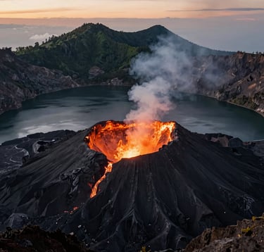 A dramatic close-up photograph of Mount Rinjani's active volcanic cone, Baru Jari, emerging inside the caldera lake. Glowing warm sunrise light illuminates the scene, contrasting against deep slate black volcanic rock and distant deep forest green ridges. Perfect, majestic composition for Global Adventure Travelers / Indonesian Eco-Tourism.