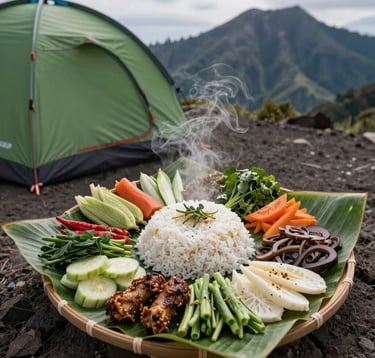 An overhead photograph of a freshly prepared mountain feast on Mount Rinjani, featuring local vegetables and steaming rice served beautifully on clean banana leaves next to a modern green expedition tent, premium adventure hospitality.