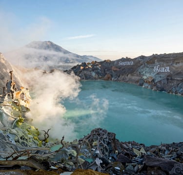 A dramatic landscape photograph of Segara Anak, the turquoise crater lake of Mount Rinjani, with soft steam rising from the nearby natural hot springs, volcanic rock formations in the background, professional adventure travel, clear morning daylight.