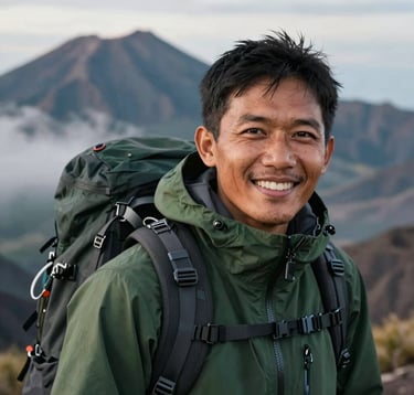 A professional, authentic close-up portrait of a local Indonesian mountain guide, smiling warmly. He is wearing high-end, dark forest green outdoor gear and a technical backpack. Background shows the dramatic, misty volcanic ridgelines of Mount Rinjani under soft, natural overcast daylight.