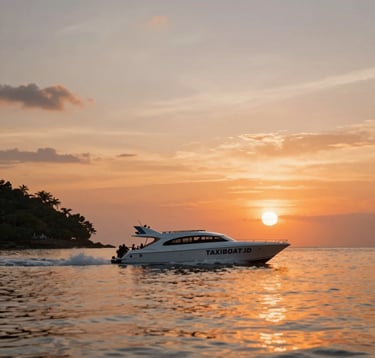 A stunning landscape shot of the Gili Islands at sunset, with a sleek fast boat in the mid-ground. The lighting is warm and inviting, showcasing the professional and comfortable adventure vibe of TAXIBOAT.ID. The orange of the sunset complements the brand color #D36B31.