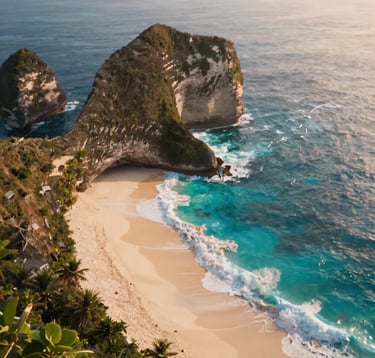 Aerial view of the iconic Kelingking Beach in Nusa Penida. The turquoise ocean waves crash against the white sand. The lighting is golden hour, with a warm glow reflecting the #FDF6ED sand and #1B2D3B ocean depths, creating an adventurous yet professional travel mood.