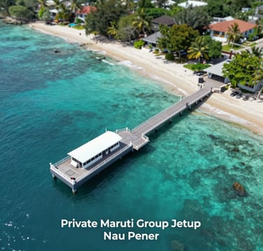 A professional aerial view of the clean, modern Private Maruti Group Jetty at Nusa Penida, featuring turquoise waters and tropical greenery. The composition conveys exclusive and reliable access, incorporating the brand colors #1B2D3B and #78909C in the environment.