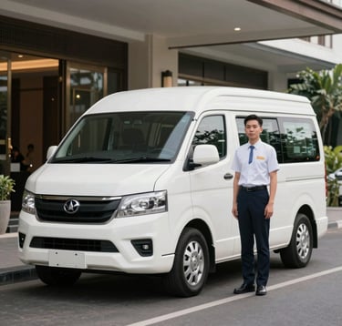A modern, clean white transport van parked at a luxury hotel entrance in Bali. A professional driver in a neat uniform stands nearby. The composition is clean and modern, emphasizing reliability and comfort in airport and hotel transfer services.