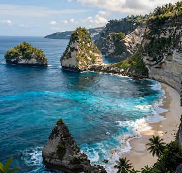 Wide-angle shot of the iconic Kelingking Beach T-Rex cliff in Nusa Penida. The water is a vibrant sapphire blue, and the cliffs are lush green. The lighting is bright morning sun, capturing the adventurous spirit of Bali's most famous destination. Brand colors #1B2D3B and #D36B31 subtly reflected in the sky and sea tones.