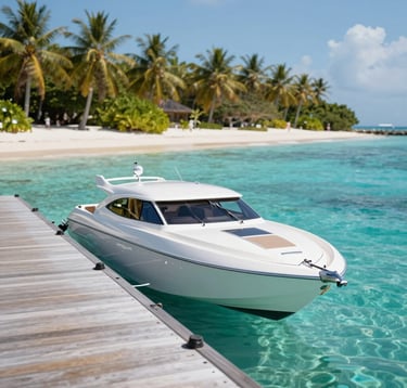 A sleek fast boat docked at a wooden pier on a tropical island with crystal clear turquoise water. Tropical palm trees and white sand are visible in the background under a bright sun. The mood is clean, professional, and inviting, showcasing premium maritime travel.