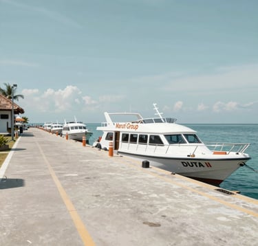 The private jetty of Maruti Group in Nusa Penida, showing a well-organized and clean docking area. A Maruti Duta II boat is docked, and the scene looks professional and exclusive. Colors include the #D36B31 orange highlights of the brand and #78909C sky.