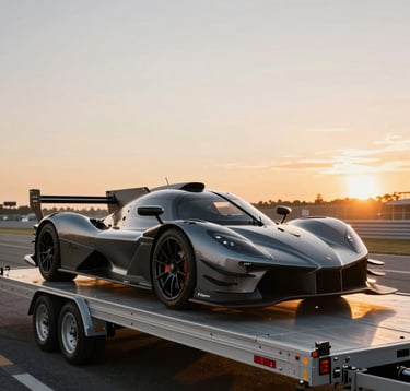 A professional wide-angle shot of the K24 Exocet on a trailer at a North American / US race track like Road Atlanta. The car looks sleek and technical against a sunset backdrop, emphasizing its aggressive stance and exposed frame.