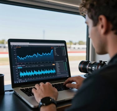 A professional analyzing live telemetry data on a high-resolution laptop screen inside a racing trailer at a North American / US track. The screen displays sky velocity blue graphs against a dark interface, reflecting on the analyst's face.