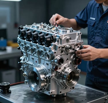 A professional photography shot of a technical engineer examining a K24 engine in a modern North American / US workshop. The engine is clean and high-tech, illuminated by cool aluminum silver and technical blue lighting against a dark background.