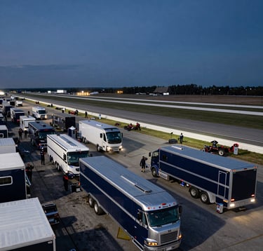 A wide-angle landscape shot of a North American / US racetrack paddock at dusk. Transport trailers and racing teams are visible in a clean, professional midnight navy environment with aluminum silver accents.