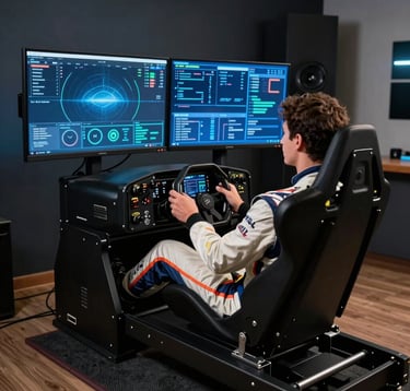 A driver in professional racing gear sitting in a high-end sim racing cockpit in a modern North American / US home studio. Dark slate environment with glowing technical blue monitors showing telemetry data.