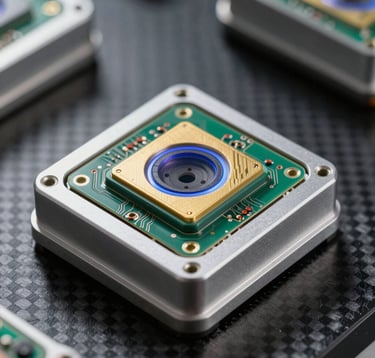 Macro photography of a precision technical sensor unit with exposed circuitry and aluminum silver casing. The device is resting on a carbon fiber surface, with a technical blue light glow in a North American / US lab setting.