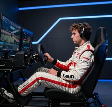 A professional driver in a North American / US racing suit sitting in a high-end sim racing rig. The room is dark with deep navy slate walls and sky blue neon accents. The focus is on the driver's intense concentration and the premium, technical nature of the training setup.