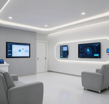 Interior of a state-of-the-art smart medical clinic in a Middle Eastern / Egyptian facility. Minimalist design, high-tech interface screens, light gray and royal white walls, luxury seating, soft professional lighting.