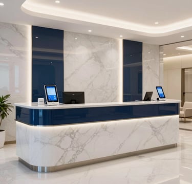 Luxury interior photography of a modern medical facility reception in Egypt. Features white marble, dark blue accents, and sophisticated digital kiosks. The lighting is bright and professional, creating a trustworthy and clean atmosphere.