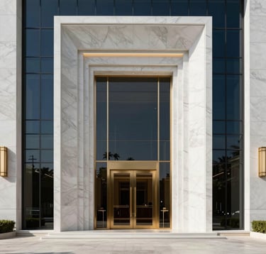 A high-end 3D architectural visualization of a luxurious building entrance in a Middle Eastern / Egyptian context. Features royal white marble, minimalist dark blue glass panels, and sophisticated gold-toned lighting. Clean, sharp lines, cinematic photography.