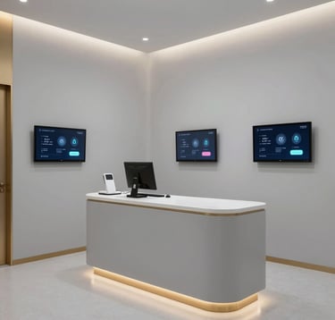 Interior photography of a sleek, minimalist smart medical clinic in Egypt. Features clean light grey surfaces, subtle golden accents, and integrated technology screens. Professional lighting creates a trustworthy and high-end healthcare atmosphere.