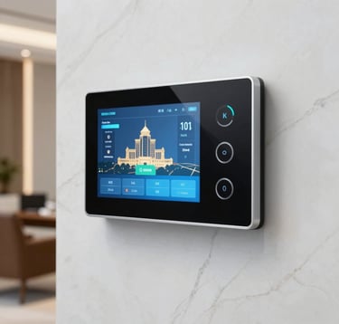 Close-up photography of a smart home control panel integrated into a sleek white marble wall. The screen displays building diagnostics. Modern, professional lighting, Middle Eastern / Egyptian luxury office setting.