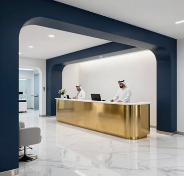 Interior of a high-tech medical reception area in the tower. Minimalist design with white marble floors, dark blue accents, and a gold reception desk. Professional Middle Eastern / Egyptian staff present in a bright, futuristic space.