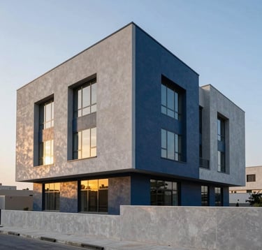 Photography of a modern architectural project in Egypt, showing clean lines and geometric shapes. The color palette is dominated by light grey and dark blue, with golden light reflecting off the windows at sunrise.