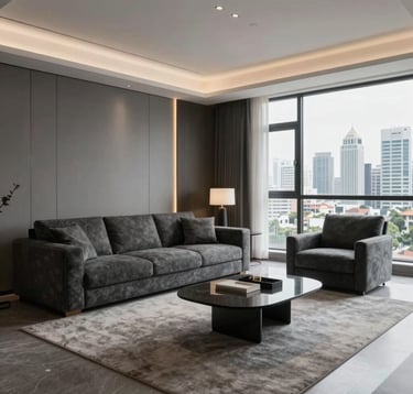 High-end interior photography of a modern show-flat living room with minimalist charcoal furniture, soft grey walls, and elegant lighting. Large windows overlooking a South Asian city skyline.