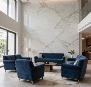 An interior photograph of a light-filled, modern South Asian show home lounge with high ceilings, minimalist deep blue and grey furniture, and high-end marble wall textures.