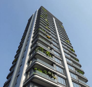 A low-angle exterior shot of a contemporary luxury apartment tower against a clear blue sky, showing sleek modern lines and integrated vertical gardens, typical of high-end South Asian developments.